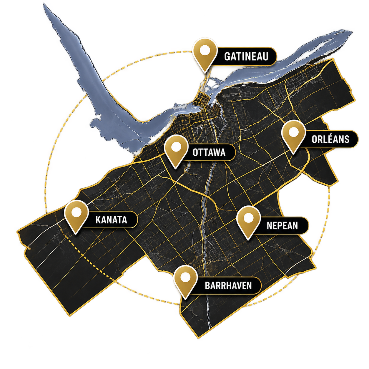 Stylized map of the Ottawa–Gatineau region with pins marking Classic Movers service areas
