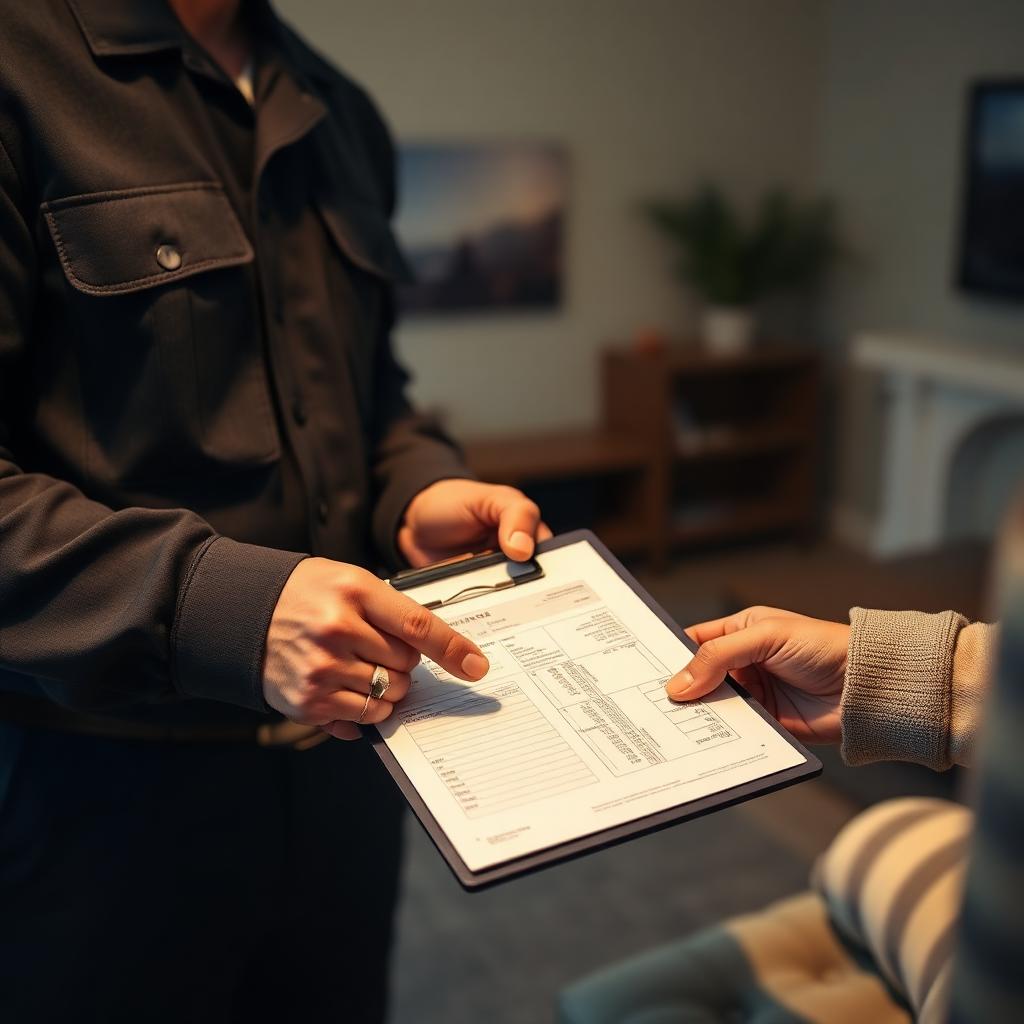 Mover handing a written itemized moving estimate to a homeowner