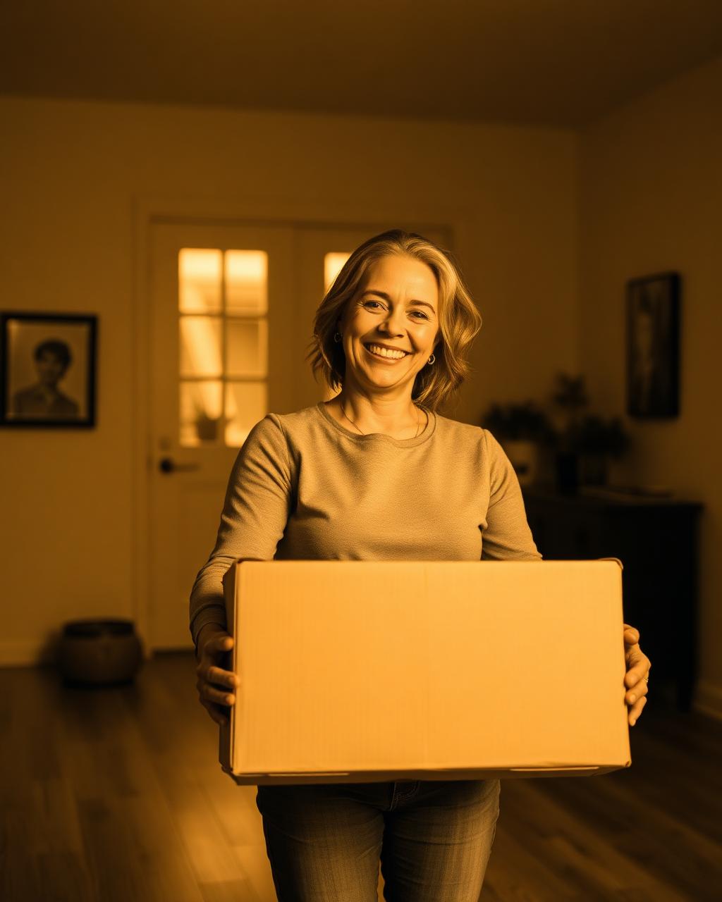 Happy Classic Movers customer holding a box in her new home